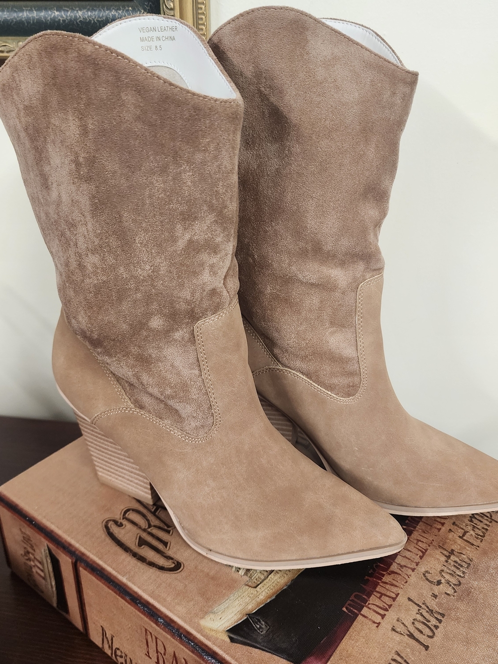 Women's Taupe Suede Mid-Calf Block Heel Boots